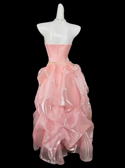 Sweet Ball Gowns Pink Strapless With Ruffled Long Evening Dresses Night Date Prom Dress For Women N4354