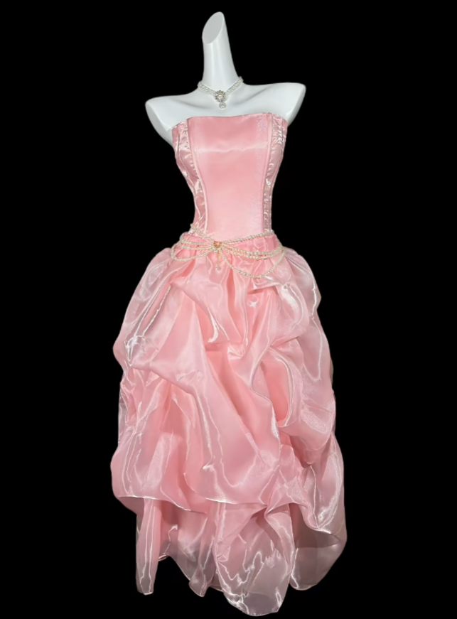 Sweet Ball Gowns Pink Strapless With Ruffled Long Evening Dresses Night Date Prom Dress For Women N4354