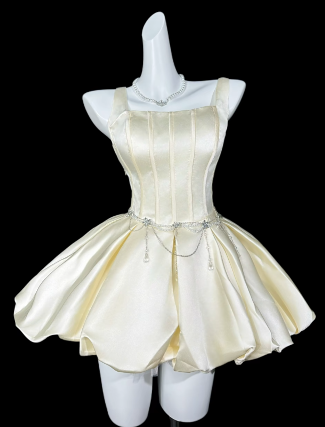 Süßes Ballkleid mit eckigem Ausschnitt, hellgelb, kurz, Mini-Party, Cocktail, Heimkehrkleider N4356