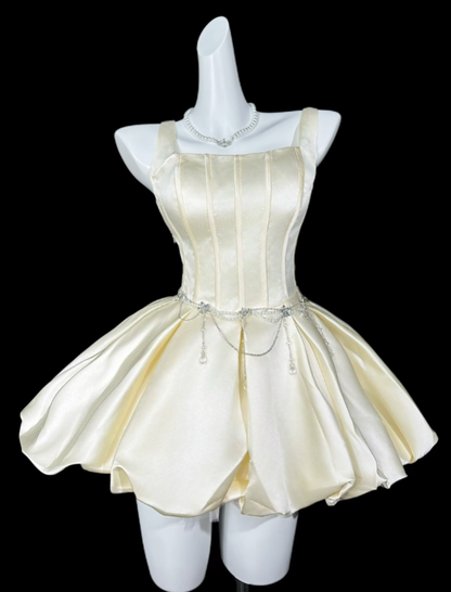 Süßes Ballkleid mit eckigem Ausschnitt, hellgelb, kurz, Mini-Party, Cocktail, Heimkehrkleider N4356
