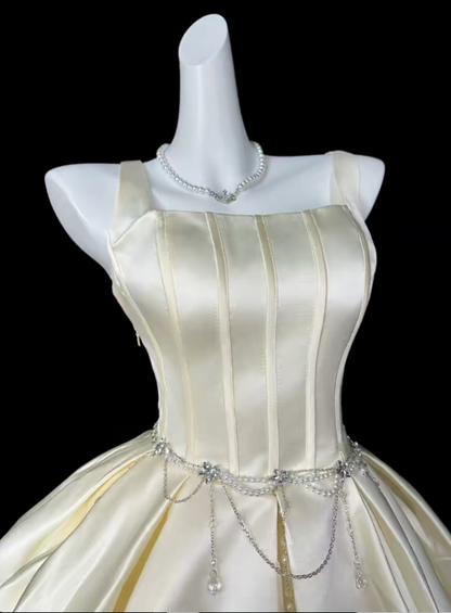 Süßes Ballkleid mit eckigem Ausschnitt, hellgelb, kurz, Mini-Party, Cocktail, Heimkehrkleider N4356