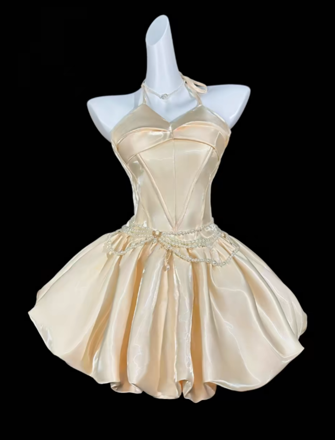 Süßes Ballkleid Neckholder Hellgelb Kurz Mini Party Cocktail Heimkehr Kleider N4366