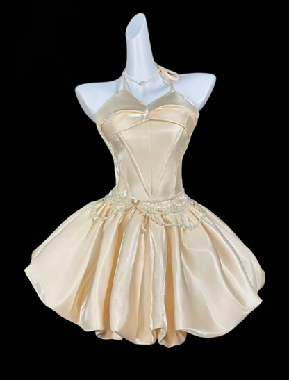 Süßes Ballkleid Neckholder Hellgelb Kurz Mini Party Cocktail Heimkehr Kleider N4366