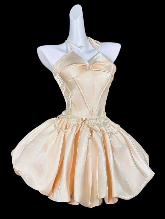 Süßes Ballkleid Neckholder Hellgelb Kurz Mini Party Cocktail Heimkehr Kleider N4366