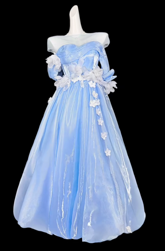Sweet Ball Gowns Off The Shoulder Blue With Ruffled Long Evening Dresses Night Date Prom Dress For Women N4367