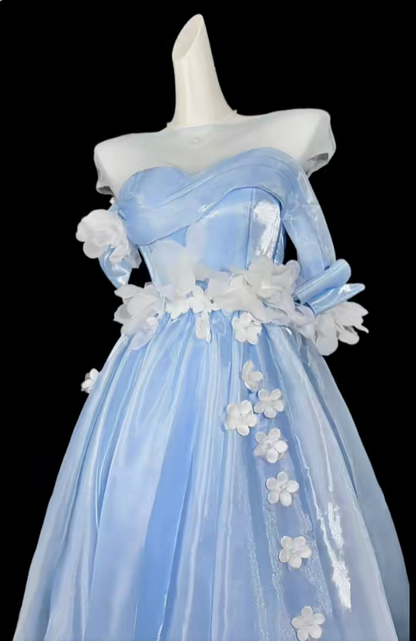 Sweet Ball Gowns Off The Shoulder Blue With Ruffled Long Evening Dresses Night Date Prom Dress For Women N4367