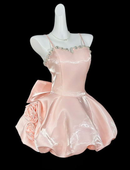 Süßes Ballkleid Spaghettiträger Kurz Mini Mit Perlen Rosa Party Cocktail Homecoming Kleider N4374