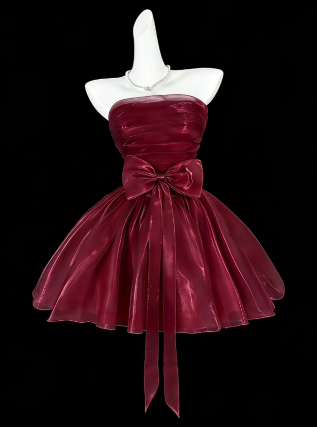 Hübsches Ballkleid Trägerlos Kurz Mini Weinrot Burgund Abschlussfeier High School Party Homecoming Kleider N4375