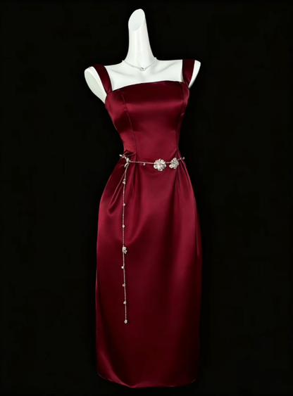 Modest Sheath Square Neck Burgundy Satin Long Evening Dresses Night Date Prom Dress For Women N4392