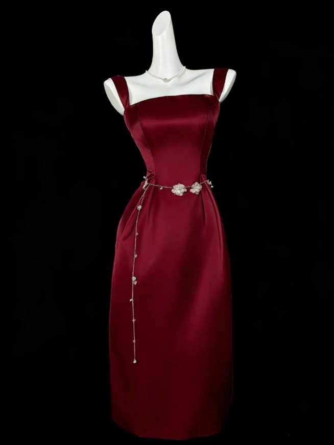 Modest Sheath Square Neck Burgundy Satin Long Evening Dresses Night Date Prom Dress For Women N4392