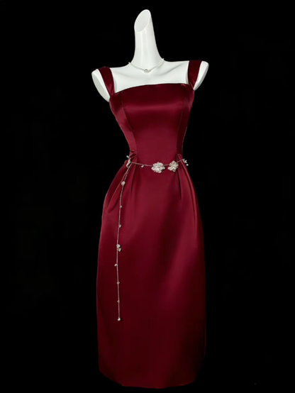 Modest Sheath Square Neck Burgundy Satin Long Evening Dresses Night Date Prom Dress For Women N4392