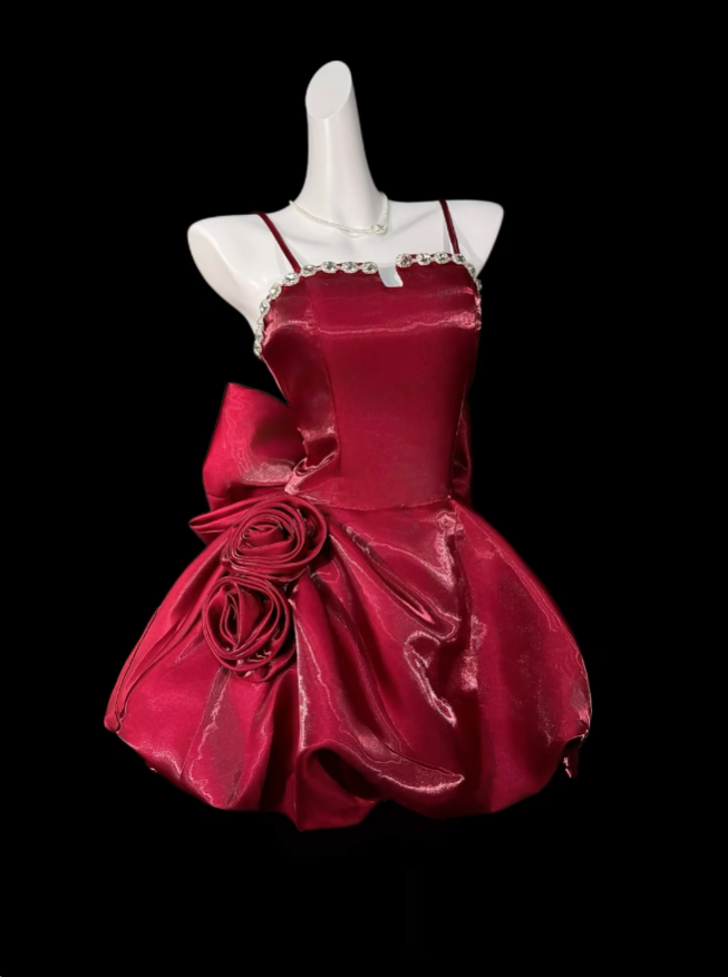 Süßes Ballkleid Spaghettiträger Kurz Mini mit Perlenstickerei Burgunderrot Party Cocktail Homecoming Kleider N4397