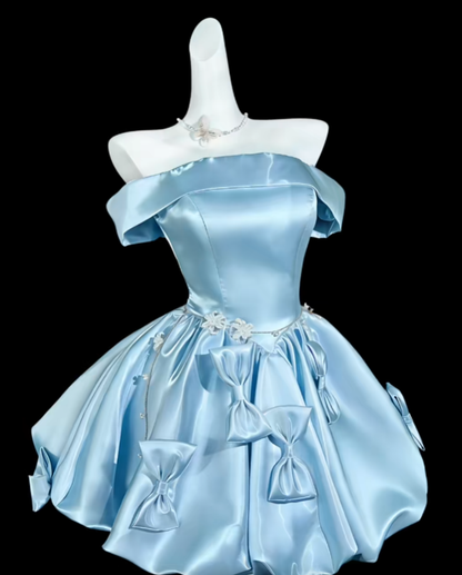 Robes de bal uniques à épaules dénudées Bleues Courtes Mini Fête Remise des diplômes Robes de retour N4398
