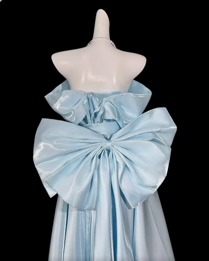 Ballkleider schulterfrei hellblau mit Ärmeln Sommer Geburtstags-Outfit elegant Hochzeitsgast Kleider N4336