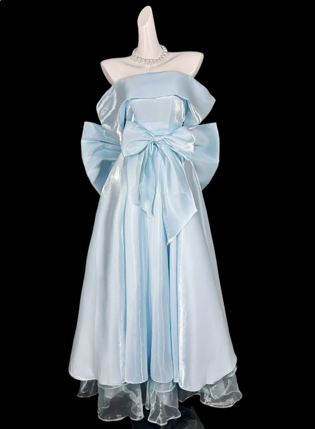 Ballkleider schulterfrei hellblau mit Ärmeln Sommer Geburtstags-Outfit elegant Hochzeitsgast Kleider N4336