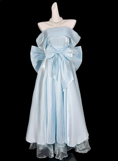 Ballkleider schulterfrei hellblau mit Ärmeln Sommer Geburtstags-Outfit elegant Hochzeitsgast Kleider N4336