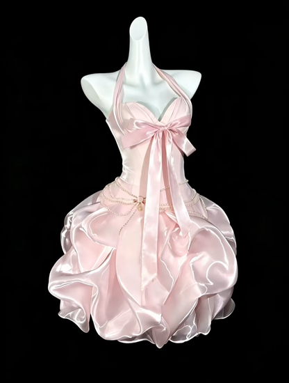 Belles Robes Courtes Rose Clair Halter de Soirée Cocktail Bal de Promo N4407
