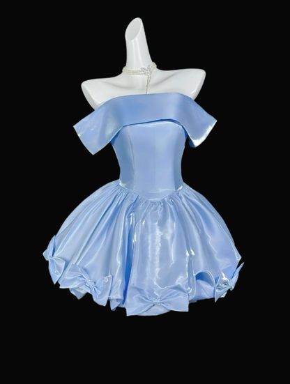 Süßes Ballkleid schulterfrei blau kurzes Mini-Party-Cocktail-Heimkehrkleid N4409