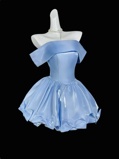 Süßes Ballkleid schulterfrei blau kurzes Mini-Party-Cocktail-Heimkehrkleid N4409