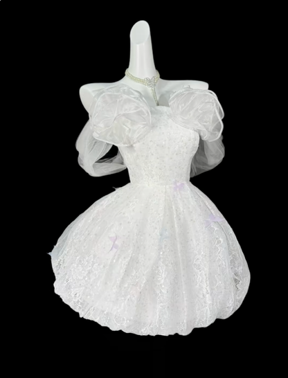 Robes de bal uniques, épaules dénudées, dentelle blanche, courtes, mini, pour fête, remise de diplôme, retour à la maison N4415