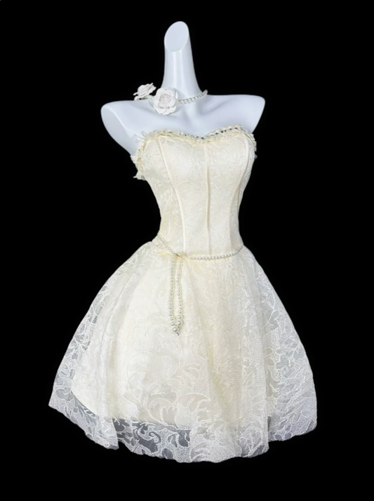 Sweet Ball Gown Sweetheart Light Yellow Lace Party Cocktail Homecoming Dresses N4416