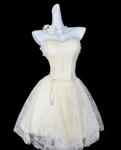 Süßes Ballkleid Sweetheart Hellgelb Spitze Party Cocktail Heimkehr Kleider N4416