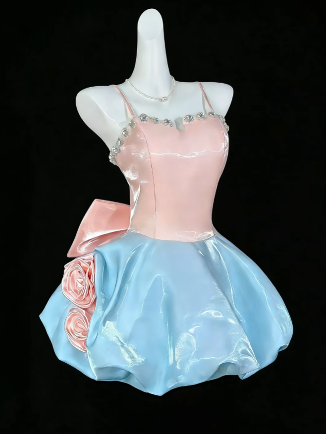 Süßes Ballkleid Spaghettiträger Blau Pink Organza Kurz Mini Party Cocktail Heimkehr Kleider N4418