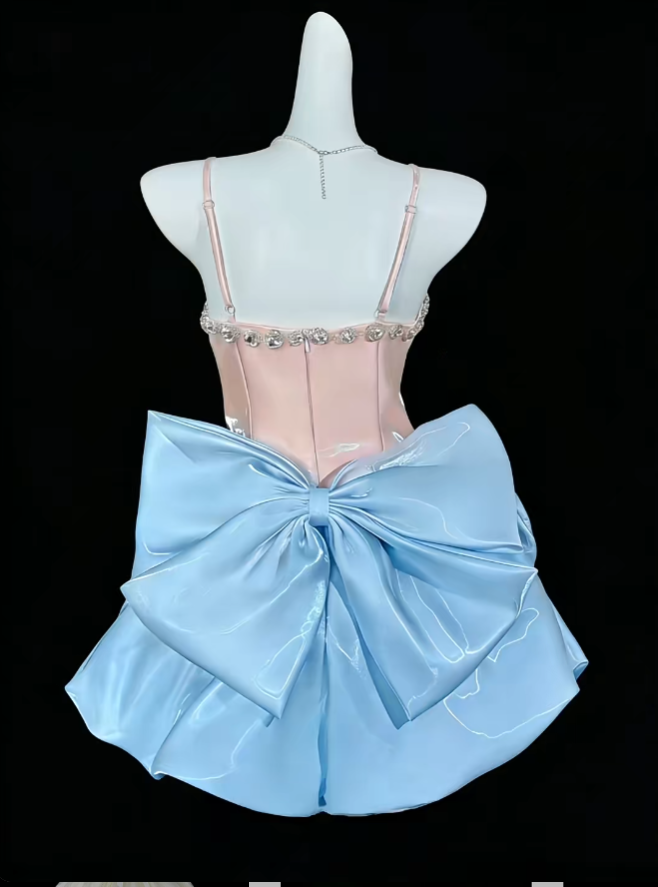 Süßes Ballkleid Spaghettiträger Blau Pink Organza Kurz Mini Party Cocktail Heimkehr Kleider N4418