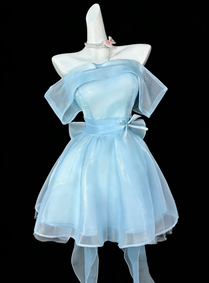 Einzigartige Ballkleider schulterfrei hellblau kurz Mini Party Abschlussfeier Homecoming Kleider N4419
