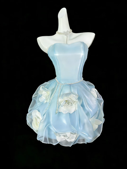 Robes de bal uniques en cœur, bleu ciel clair avec fleurs 3D, robes courtes mini de fête, de remise des diplômes, de retour à la maison N4420