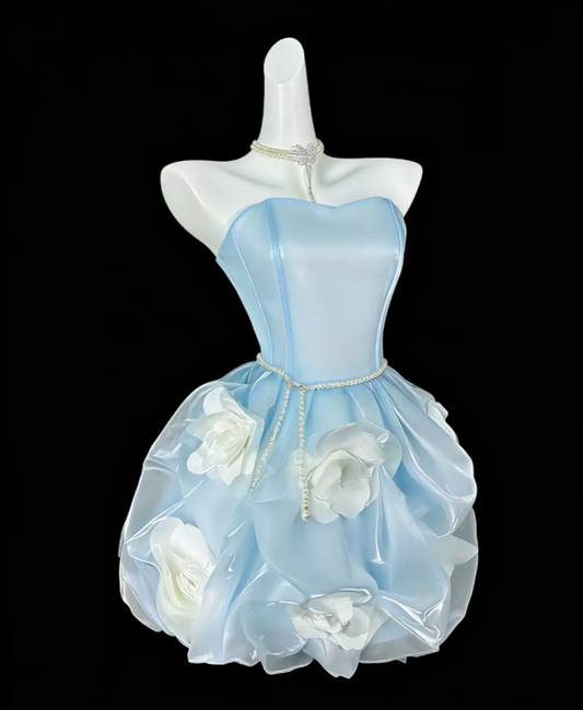 Unique Ball Gowns Sweetheart Light Sky Blue With 3D Flowers Short Mini Party Graduation Homecoming Dresses N4420