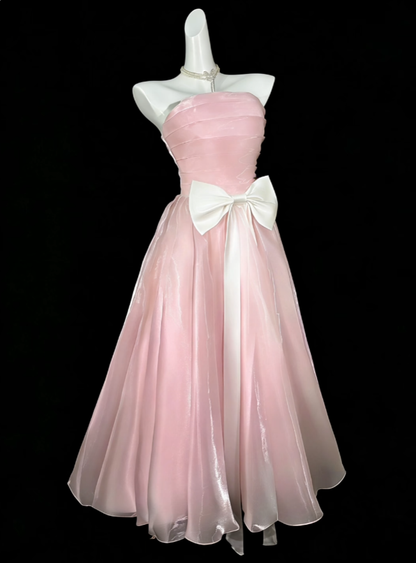 Modest Ball Gown Strapless Pink Tea Length Evening Dresses Night Date Prom Dress For Women N4423