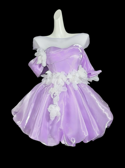 Douce Robe de Bal Épaules Dénudées Organza Lilas Courte Mini Robe de Fête Cocktail de Rentrée N4428