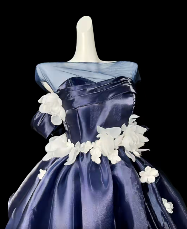 Süßes Ballkleid schulterfrei marineblau Organza kurze Mini-Party-Cocktail-Heimkehrkleider N4429