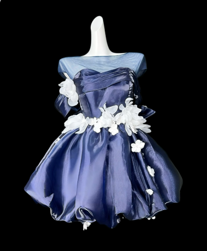 Süßes Ballkleid schulterfrei marineblau Organza kurze Mini-Party-Cocktail-Heimkehrkleider N4429