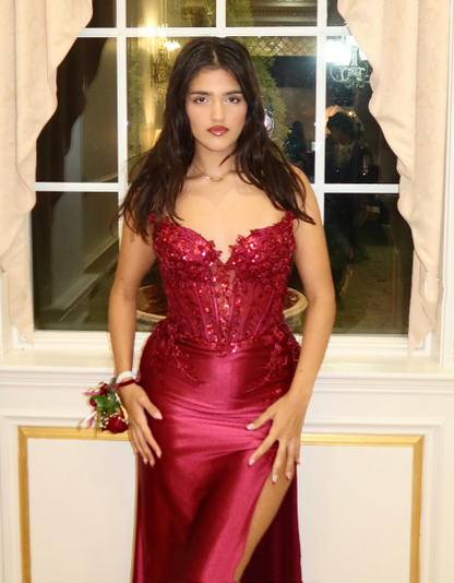 Zeitloses Meerjungfrauen-Abendkleid aus Satin mit Applikationen und Schlitz, langes Abendkleid, formelles Kleid, Partykleid, Outfit für den 20. Geburtstag N455