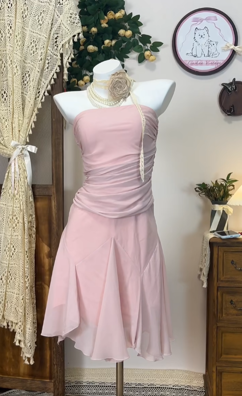 Süße A-Linie Trägerloses Chiffon Pink Abschlussballkleid Kurzes Festliches Kleid Abschlussfeier Inspiration Homecoming Kleider N4564