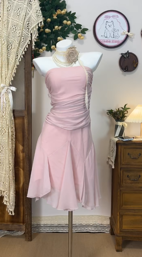 Süße A-Linie Trägerloses Chiffon Pink Abschlussballkleid Kurzes Festliches Kleid Abschlussfeier Inspiration Homecoming Kleider N4564