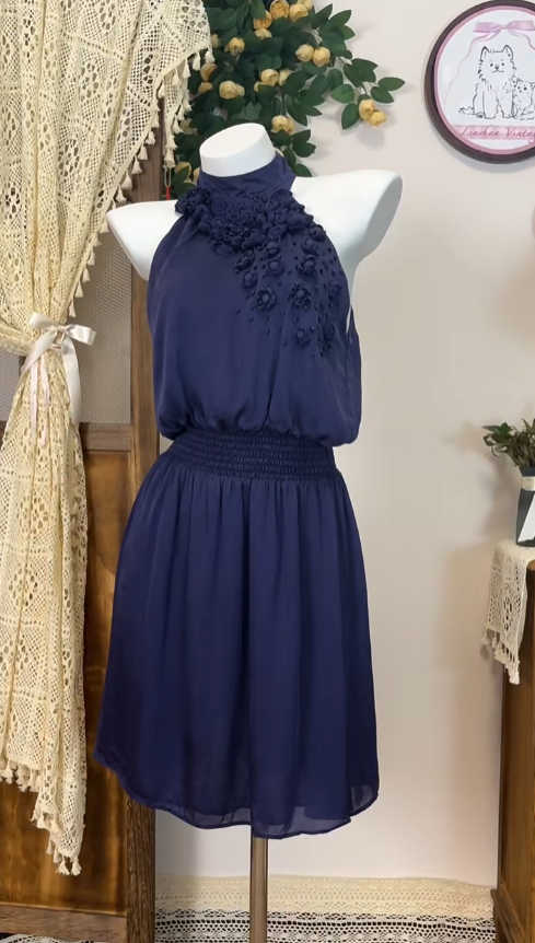 Elegant A line Halter Navy Blue Chiffon Senior Short Graduation High School Homecoming Dresses N4566