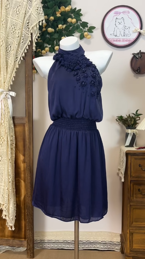 Elegant A line Halter Navy Blue Chiffon Senior Short Graduation High School Homecoming Dresses N4566