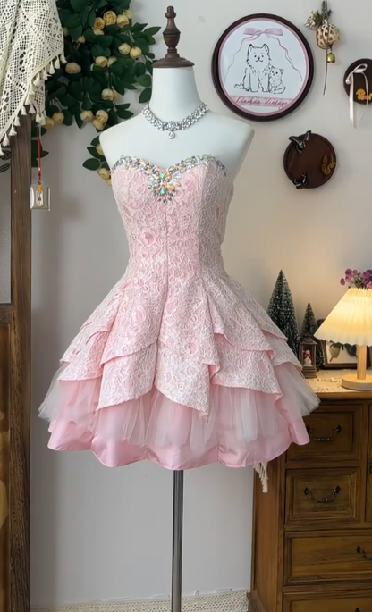 Jolie Robe de Bal Cœur Dentelle Rose Senior Courte Formelle Inspiration pour Bal de Promo Robes de Rentrée N4575