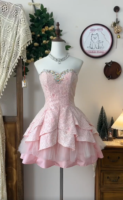 Jolie Robe de Bal Cœur Dentelle Rose Senior Courte Formelle Inspiration pour Bal de Promo Robes de Rentrée N4575