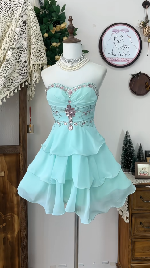 Cute Ball Gown Sweetheart Blue Chiffon With Beading Senior Short Formal Graduation Inspo Homecoming Dresses N4578