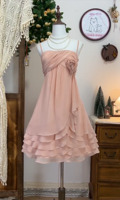 Jolie Robe Courte de Bal de Promo/Retour A l'École en Chiffon Rose Coupe Trapèze avec Fines Bretelles pour Lycéenne N4579