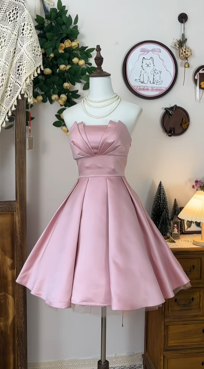 Süßes Ballkleid Trägerloses Rosafarbenes Satin-Tanz-Abschlussballkleid Kurz Formelles Abschlussballkleid Inspiration Heimkehrkleider N4582