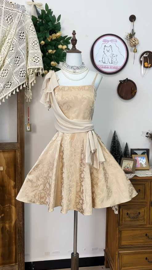 Pretty A Line Spaghetti Strap Gold Satin Mini Senior Short Graduation High School Homecoming Dresses N4583