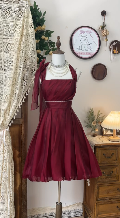 Niedliche A-Linien-Halter Chiffon Weinrot Tanz Senior Kurz Formale Abschlussball Inspo Homecoming Kleider N4588