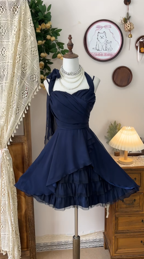 Cute A line Halter Chiffon Navy Blue Dance Senior Short Formal Graduation Inspo Homecoming Dresses N4592