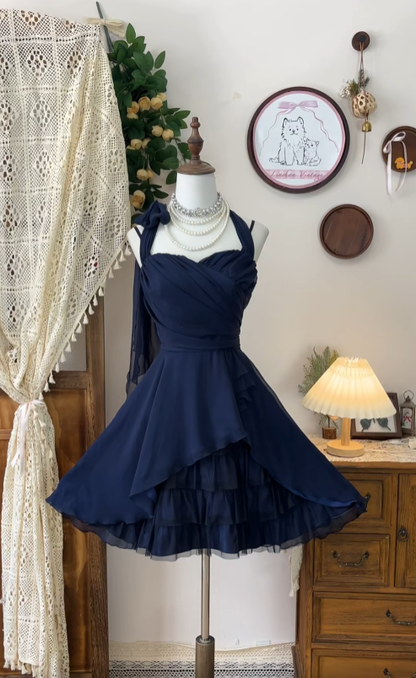 Süßes A-Linien-Neckholder-Chiffon-Ballkleid in Marineblau für Tanz, Abschlussfeier, kurze festliche Abschlusskleider, Inspo, Homecoming-Kleider N4592