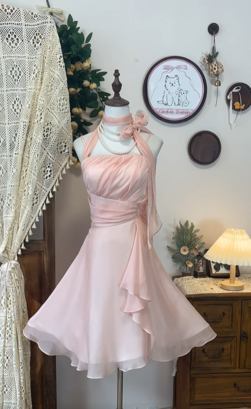 Elegant A line Halter Chiffon Blush Pink Dance Senior Short Formal Graduation Inspo Homecoming Dresses N4596